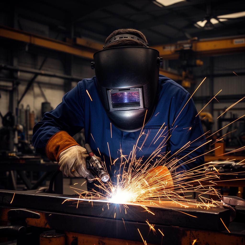 Certified welder at work with sparks